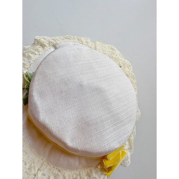 Vintage Ivory Straw Faux Floral Yellow Velvet Bow Lace Ruffle Trim Boater Hat - Picture 6 of 14